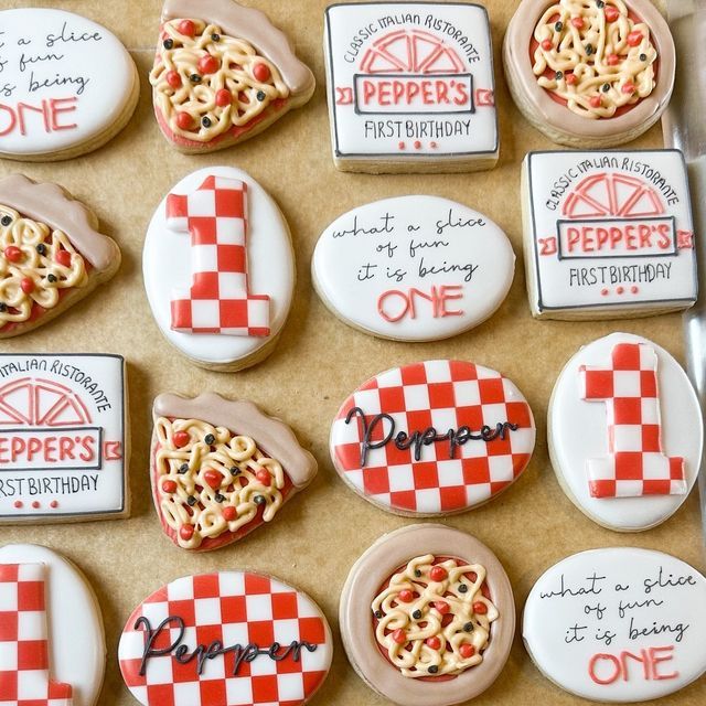 Whimsical Pizza-themed Cookie Designs Celebrate a First Birthday.