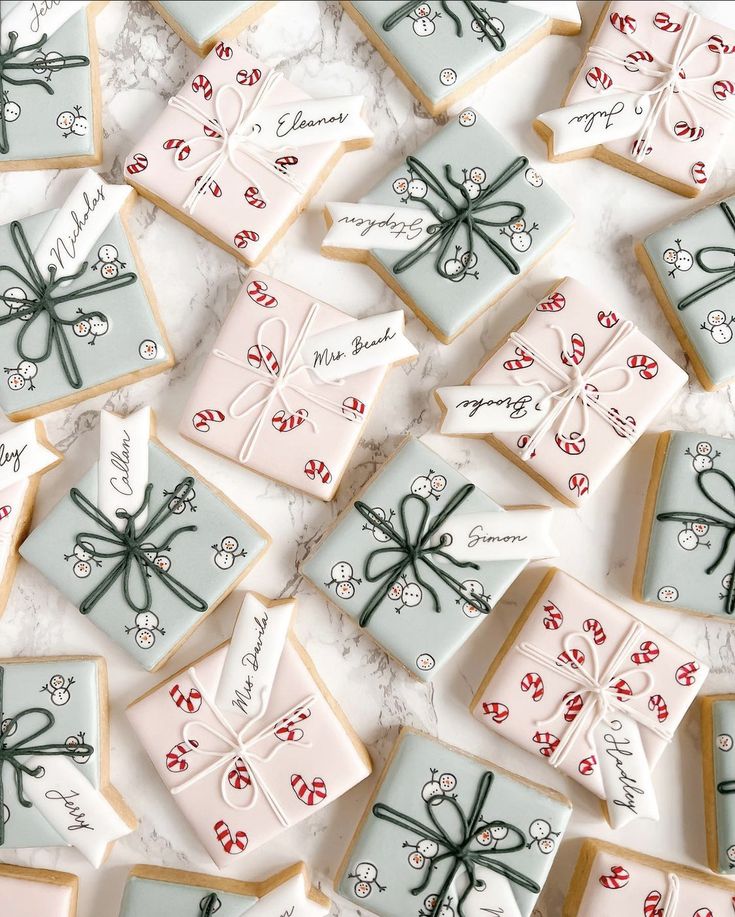 Cheerful, Festively Decorated Gift-Shaped Cookies Evoke Holiday Spirit with Whimsical Designs and Pastel Colors.