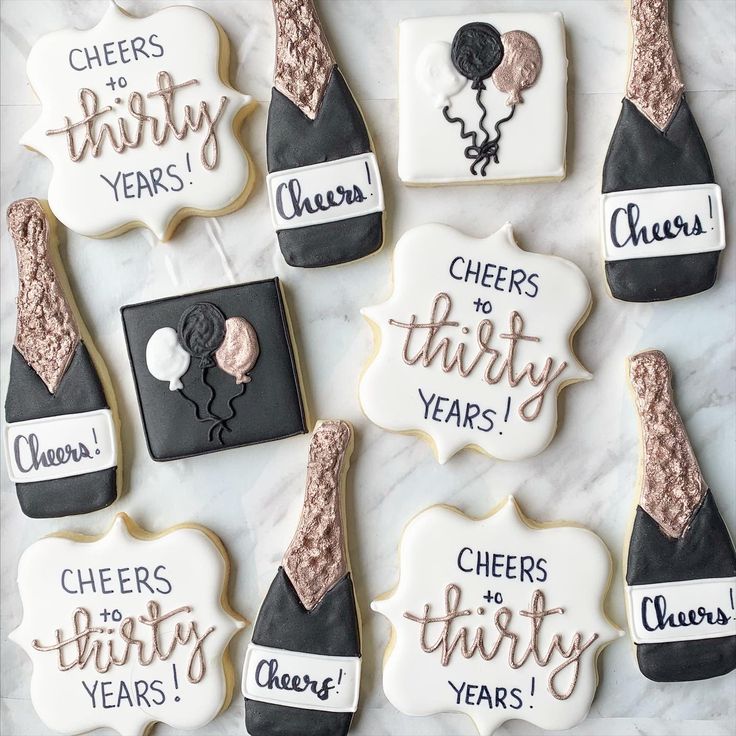 Sophisticated Champagne and Balloon Cookies for Elegant Milestone Birthday Celebrations.