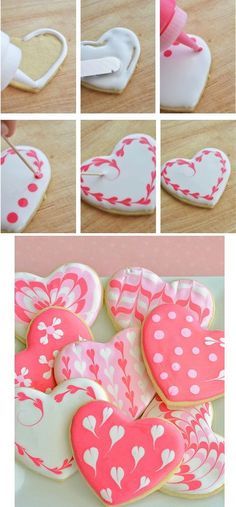 Delightful Heart-Shaped Cookies Adorned with Intricate Icing Designs.