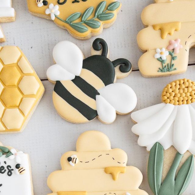 Whimsical Garden-Themed Cookies with Floral and Bee Motifs for Spring Celebrations.