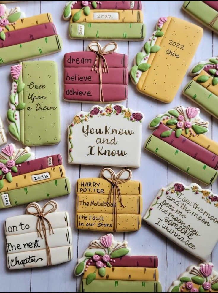 Whimsical Book-Shaped Cookies with Edible Icing Decor and Literary Themes.