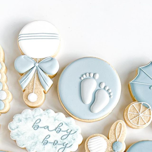 Adorable Pastel Blue and White Baby-Themed Cookies Perfect for Showers and Reveals