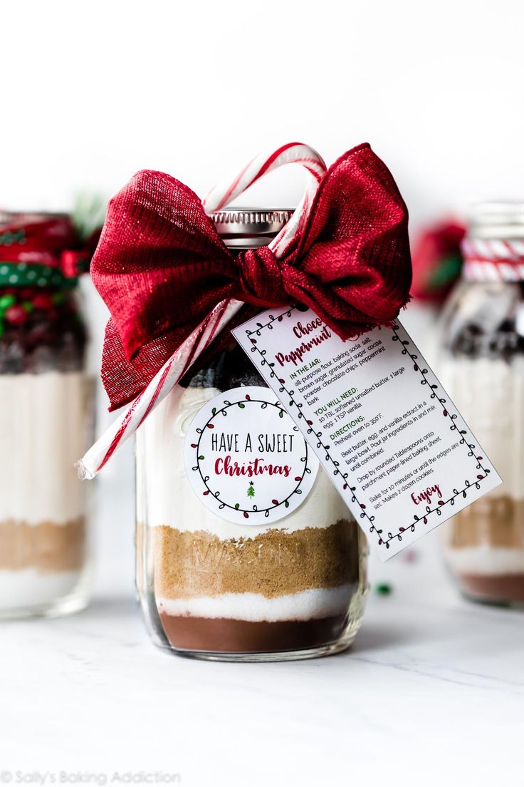 Festive Gift Jar Filled with Layered Baking Ingredients and Detailed Label.