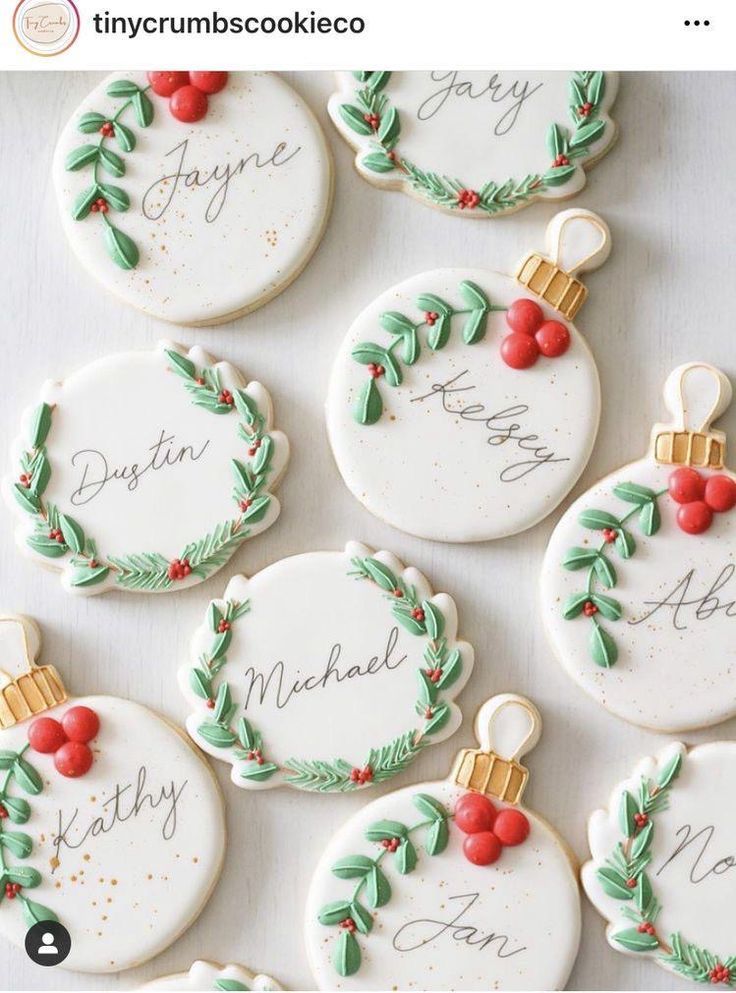 Festive Decorative Cookies Featuring Holiday Wreaths and Elegant Script.