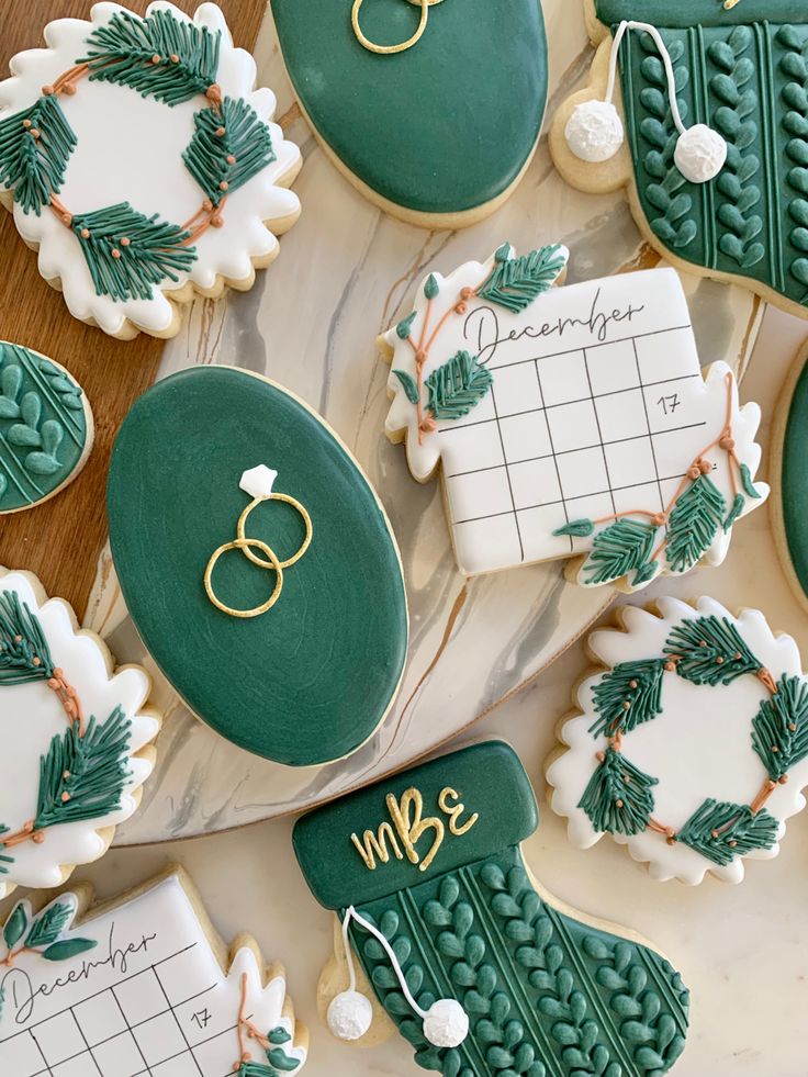 Elegant Festive Cookie Designs with Whimsical Shapes in Rich Green Palette.