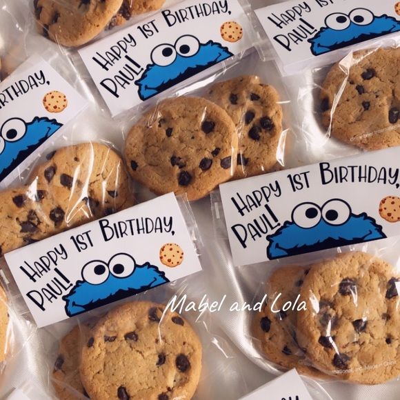 Playful Cookie Monster Decorative Bags Filled with Delicious Birthday Chocolate Chip Cookies.