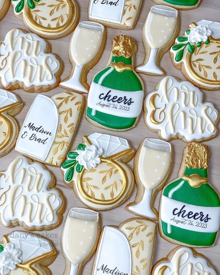 Elegant Wedding-Themed Cookies Adorned with Floral Accents in Gold and White.