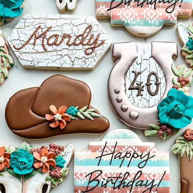 Festive Western-Themed Cookies with Floral Designs for Birthday Celebrations.