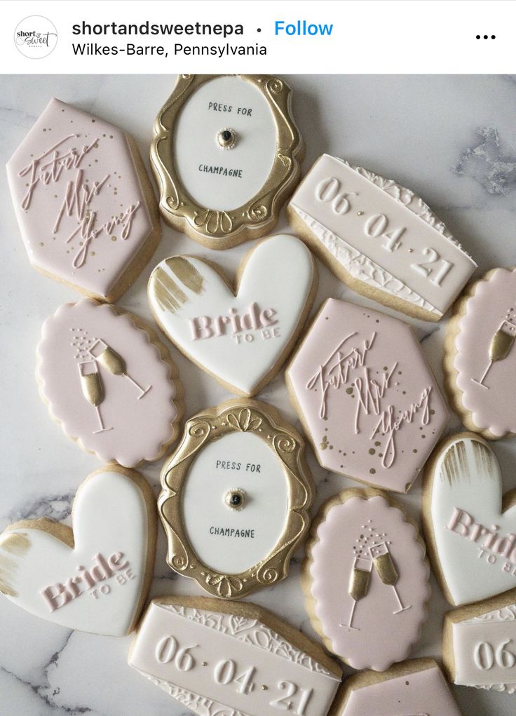 Elegant Bridal Cookies: Chic Pink and Gold Delights for Celebratory Gatherings.