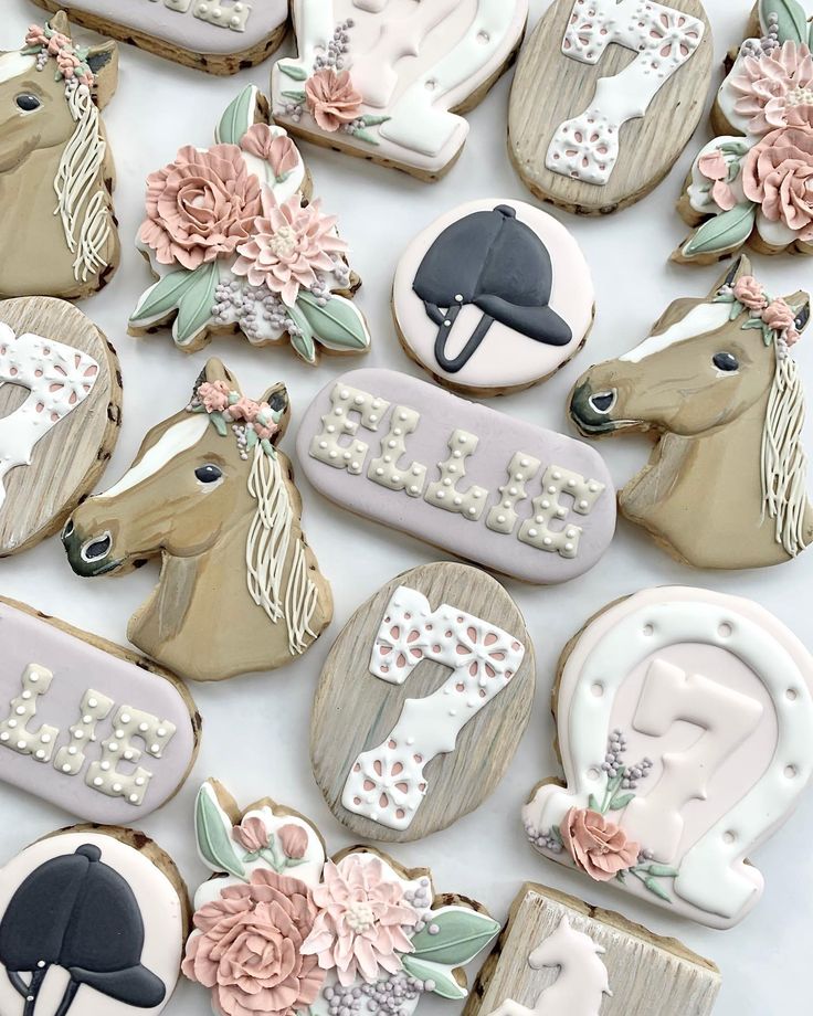 Charming Floral and Equestrian-Themed Cookie Designs for Whimsical Celebrations.