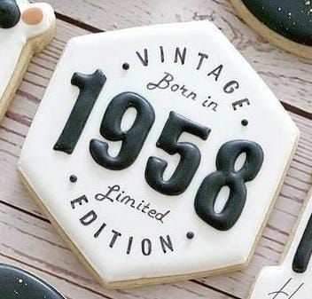 Elegant Vintage Hexagon Cookie Design: Black & White with Bold and Cursive Fonts for Celebrations.