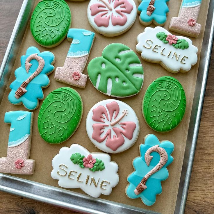 Tropical-Themed Colorful Cookies on a Decorative Tray.