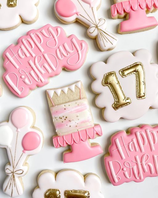 Whimsical Birthday Cookies in Soft Pink and Gold.