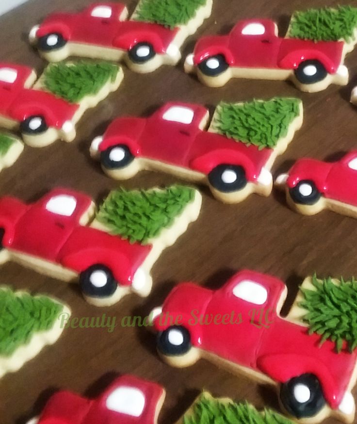 Charming Holiday Cookie Designs: Red Trucks and Green Trees for Festive Celebrations.