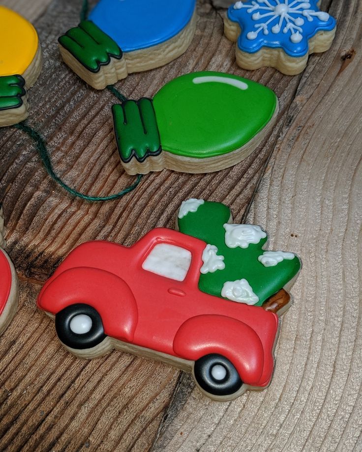 Charming Holiday Cookies: Playful Red Truck with Green Tree and Colorful Ornaments