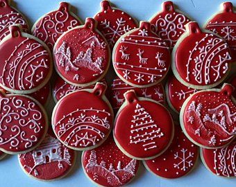 Intricate Red and White Christmas Ornament Cookie Designs for Festive Celebrations.