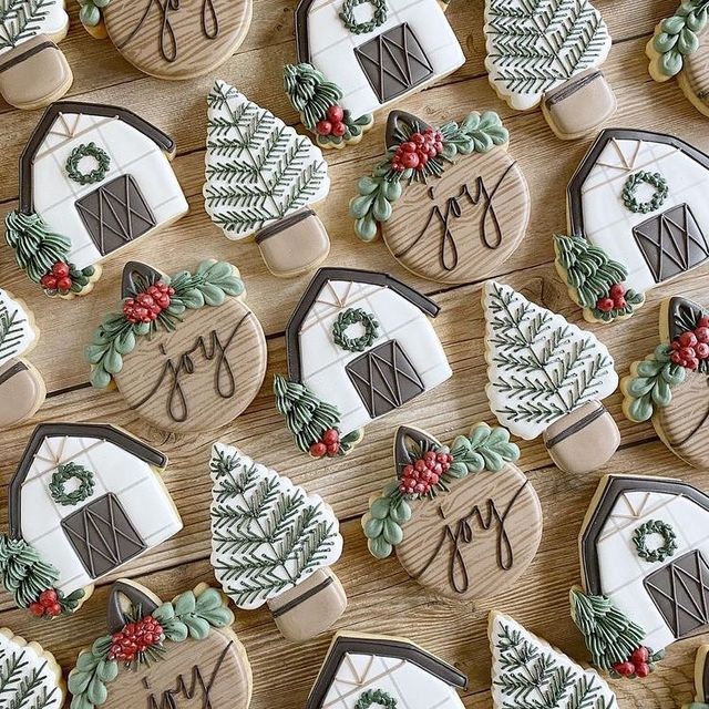 Charming Holiday-Themed Cookies with Cozy Wooden Textures and Festive Accents.