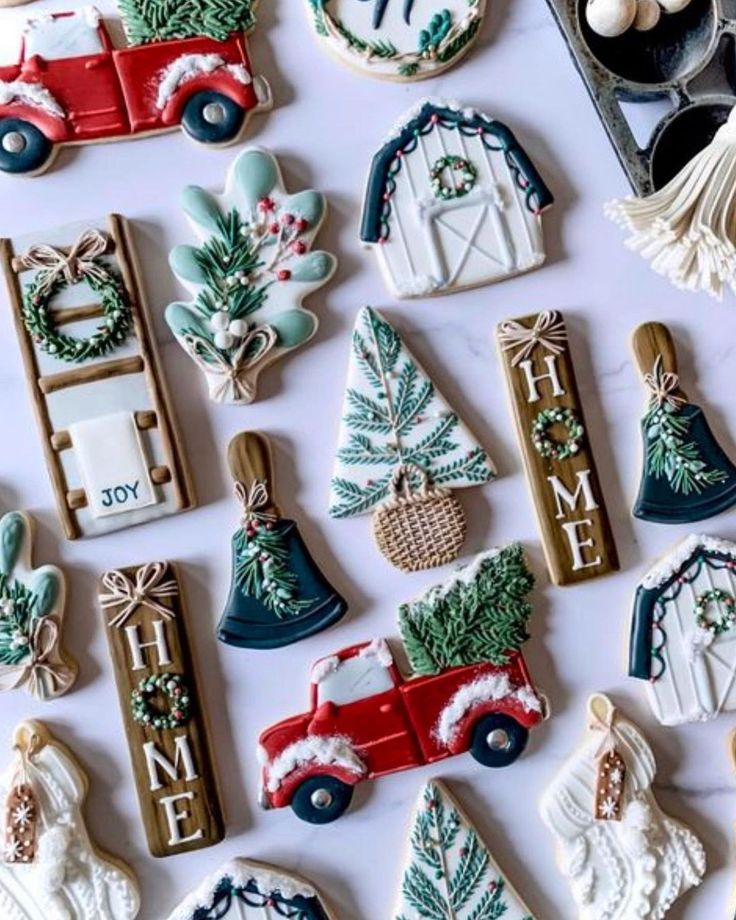 Whimsical Holiday Cookie Decorations: Cozy Themes of Trucks, Barns, and Festive Shapes.