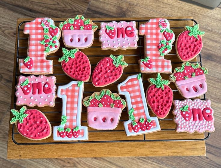 Vibrant Strawberry-Themed Decorative Cookies: Festive Birthday Delights.