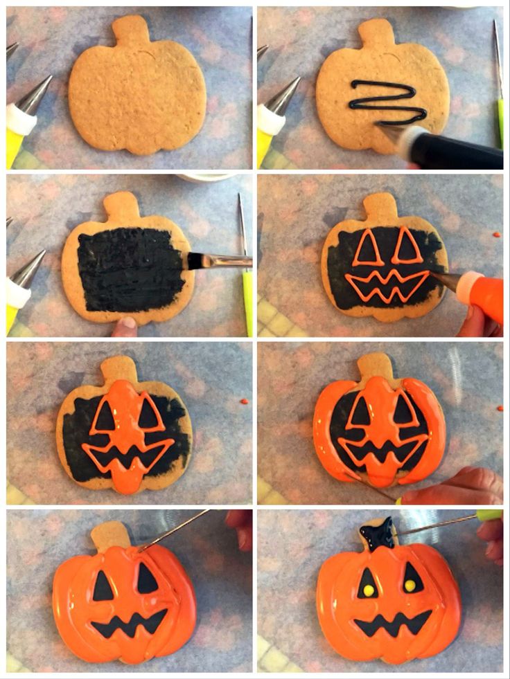 Festive Halloween Pumpkin Cookies with Whimsical Icing Designs.