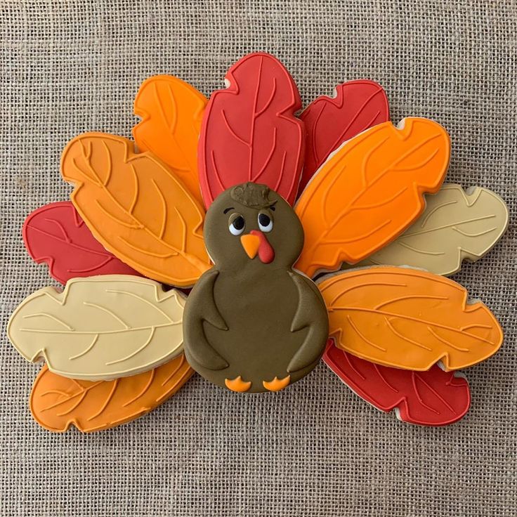 Festive Autumn-Themed Turkey Cookies Featuring Whimsical Leaf Designs for Thanksgiving.