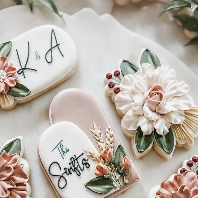 Elegant Floral Design Cookies in Soft Pastels with Lush Green Accents